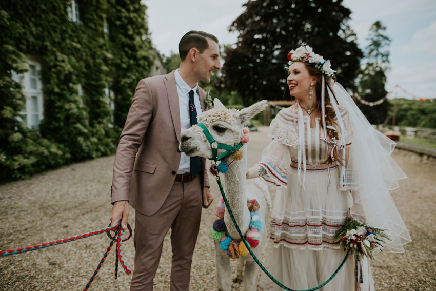 Patchwork couple, alternative wedding, llama, Chippa, festival wedding, think outside the box