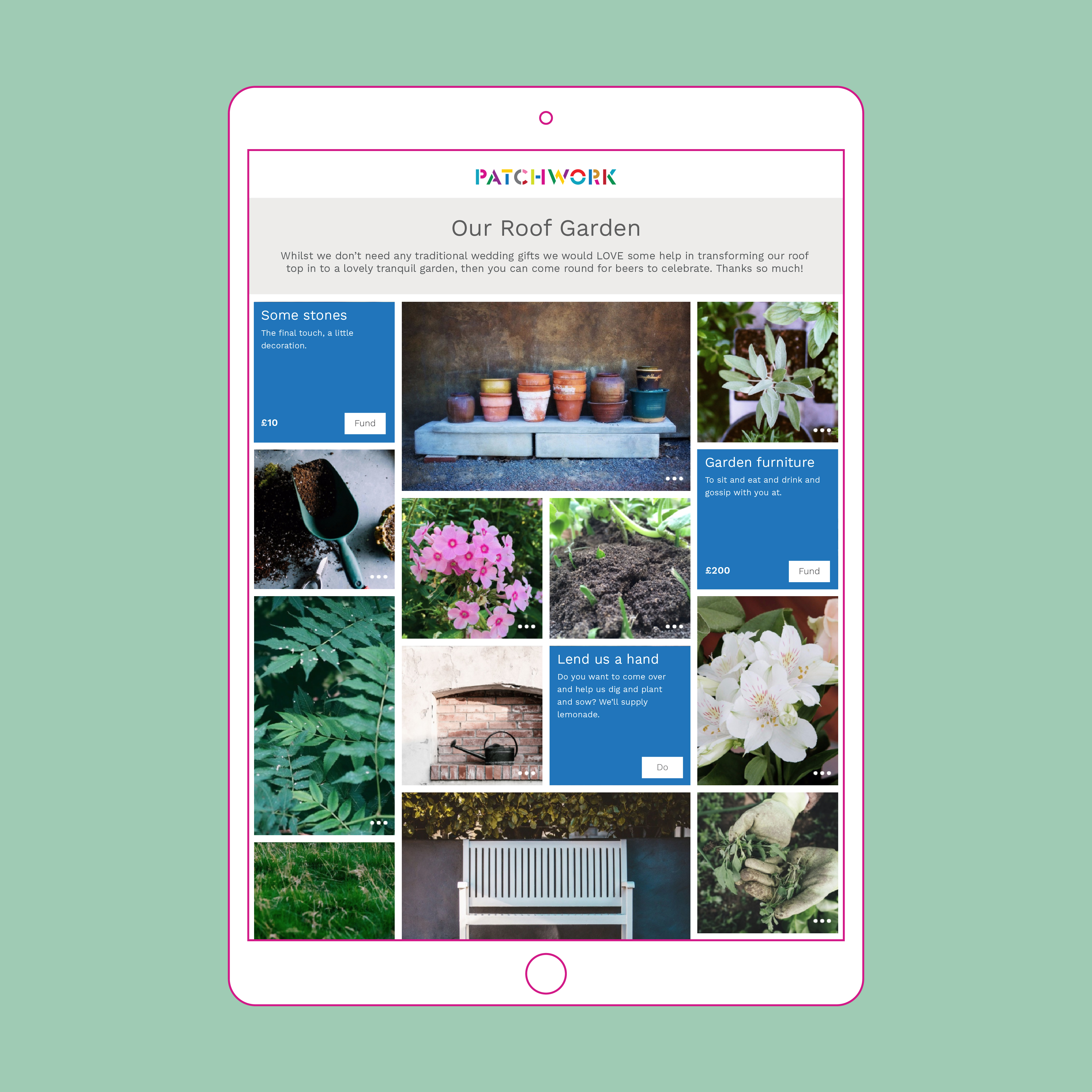 A garden renovation patchwork wedding registry in an iPad