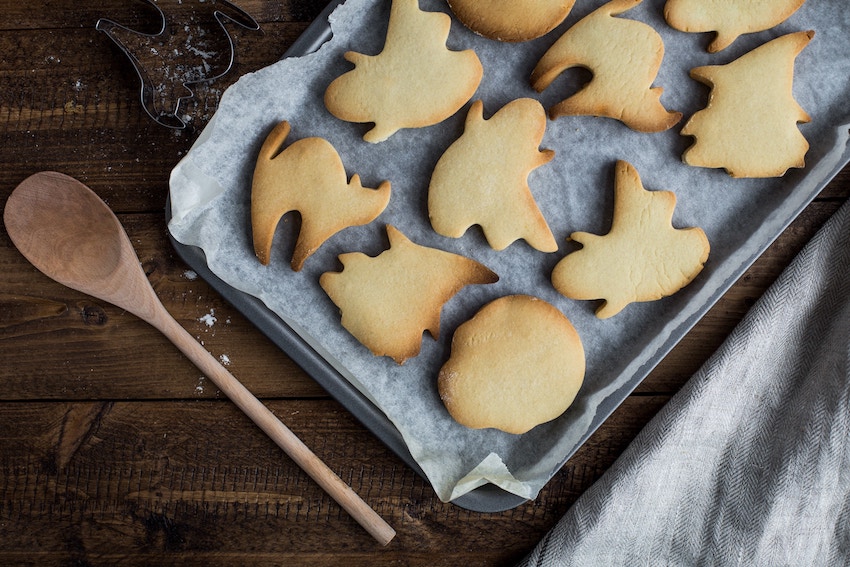 Homemade Halloween biscuits on a baking sheet