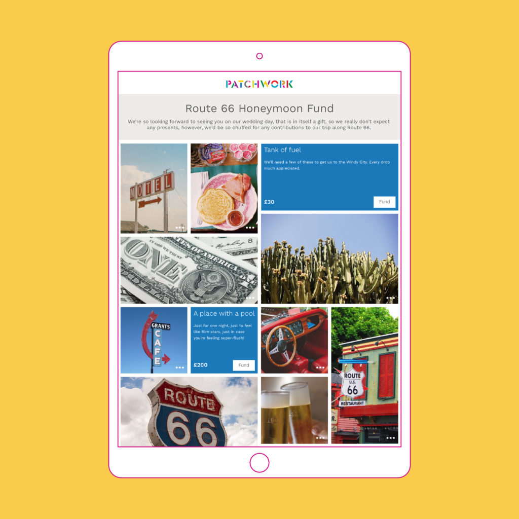 Ipad showing Route 66 honeymoon fund Patchwork