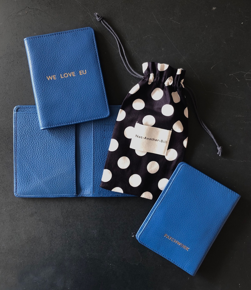 Patchwork personalised We Love EU passport holder in blue leather