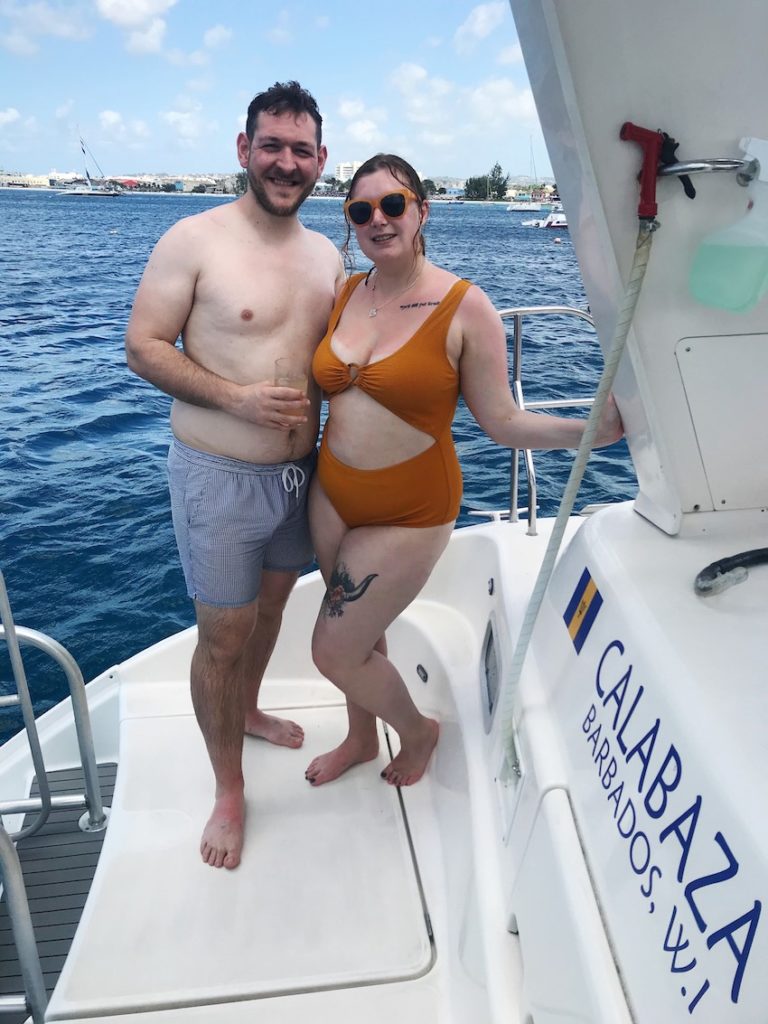 Patchwork Couple on catamaran on honeymoon in Caribbean
