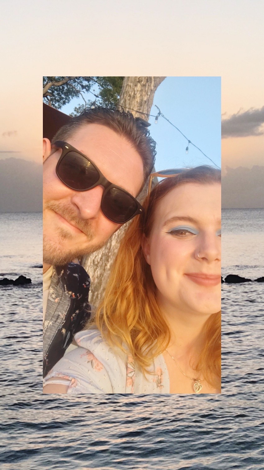 Newly wed Patchwork Couple smiling on honeymoon in Caribbean
