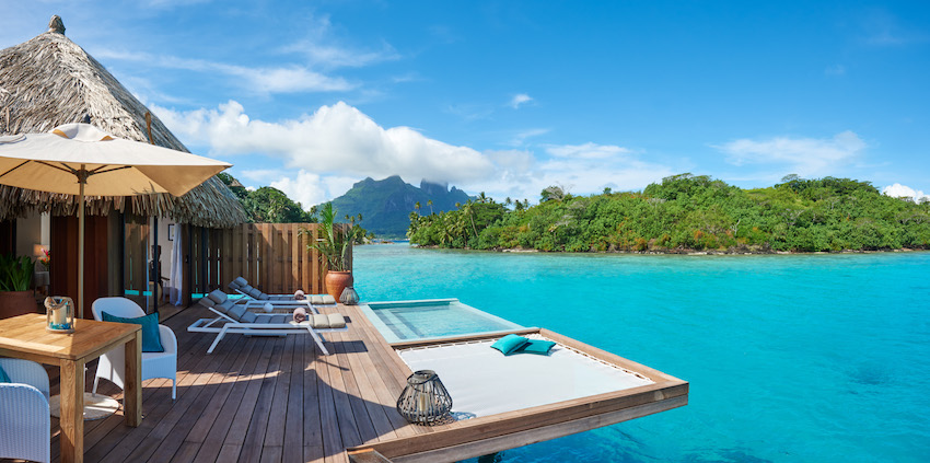 Deck of water villa at resort in Bora Bora