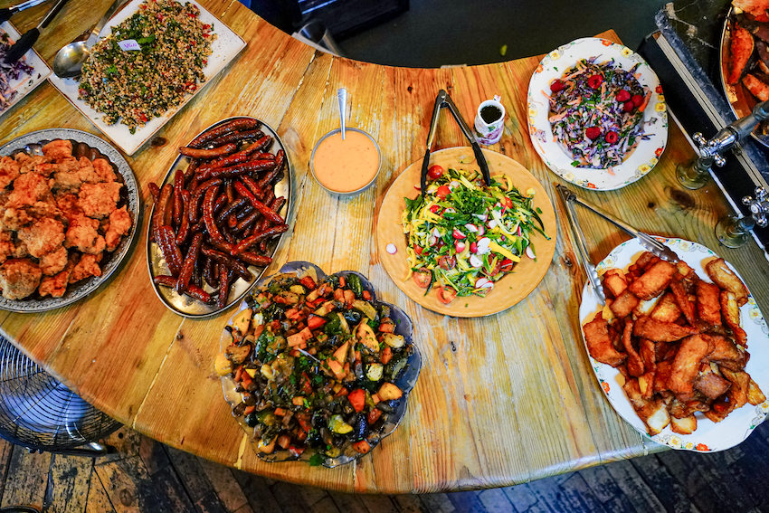 View of table of food at wedding party from above