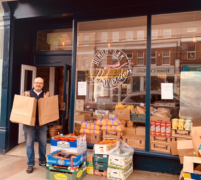 Owner of Provender Deli packing up food parcels for NHS staff at Lewisham Hospital
