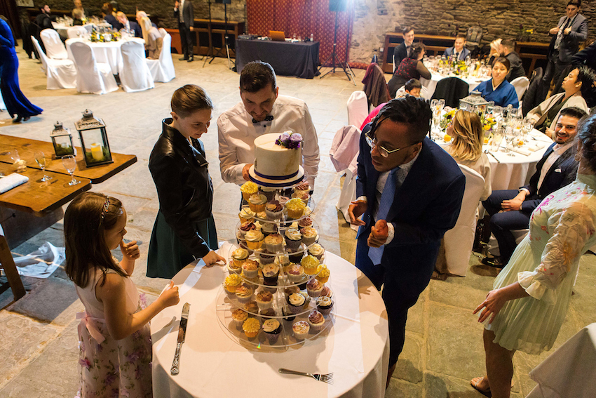 Patchwork couple wedding reception cake display
