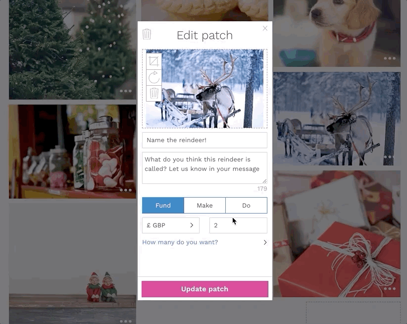 Editing item on a virtual school Christmas fair patchwork