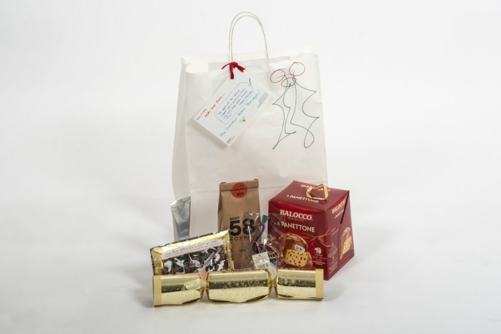Festive thank you gift bags - panettone, Christmas cracker, coffee and chocolate
