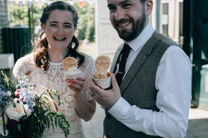Laura and Chris - eating ice cream at their wedding at Ecology Centre Kinghorn Fife
