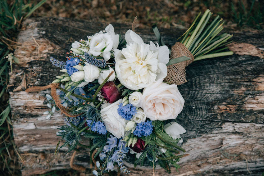 sustainable bouquet of locally grown flowers, blues and whites, laid on log