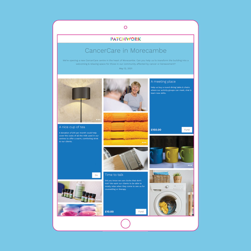 CancerCare fundraising campaign Patchwork page in an ipad showing various options of items to fund