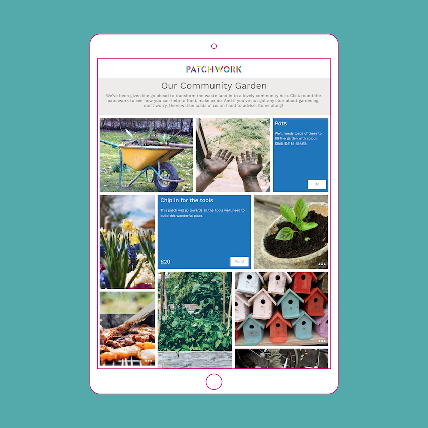 Image of a Patchwork fundraising page for a community garden shown in an ipad
