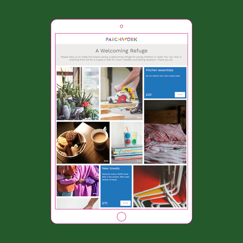 A Patchwork fundraising page for a Welcoming Refuge shown in an ipad